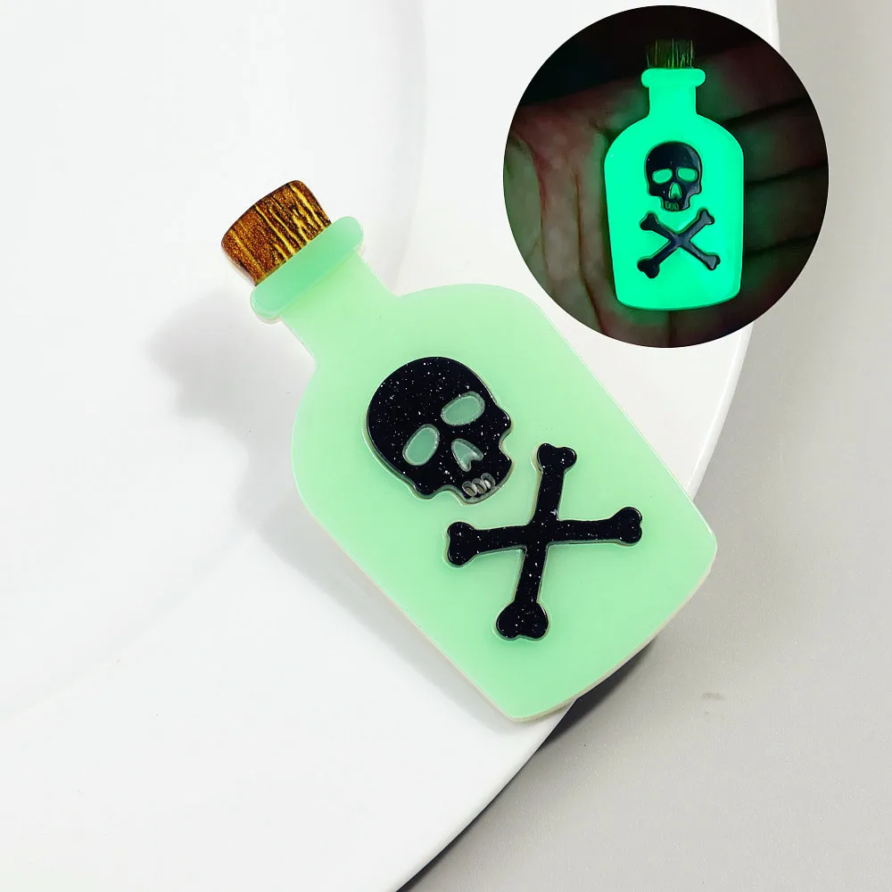 New Luminous Poison Bottle Acrylic Brooches Lapel Pins for Women Gothic Skull Bone Badge Brooch Halloween Jewelry Accessories