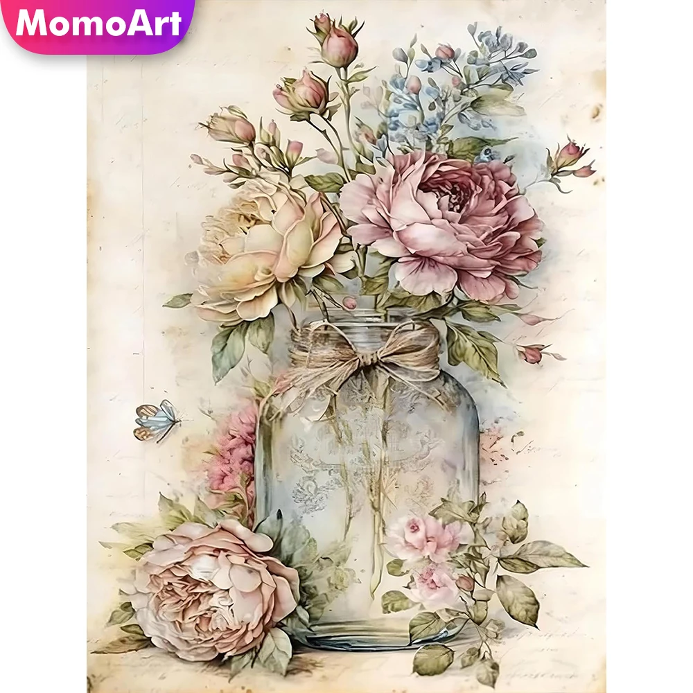 Momoart Vollquadratisches Rundes Diamant-Mosaik Pfingstrosen-Blumenbild Strass-Diamantmalerei Vase DIY Stickerei Feiertagsgeschenke