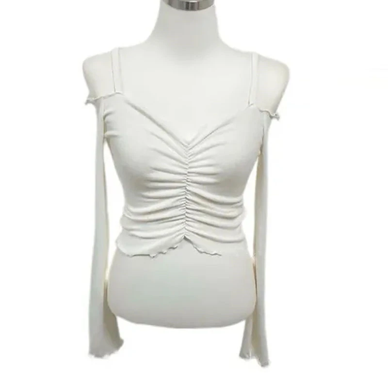 Dongda Gate Outono Inverno Novo Estilo Ombro à Mostra Ajuste Fino Borda de Madeira Babado Alça Curta Manga Longa Cseta Est...