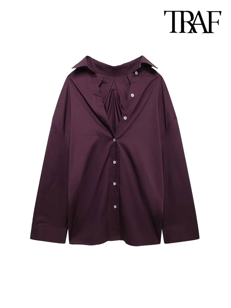 TRAF Women Fashion Pleated Oversized Shirts Long Sleeve Button-up Female Blouses Chic Tops