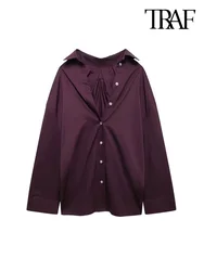 TRAF Women Fashion Pleated Oversized Shirts Long Sleeve Button-up Female Blouses Chic Tops