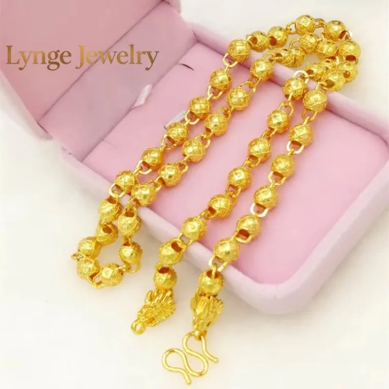 Lynge Jewelry Hollow Matte Bead Dragon Men's 24K Gold AU999 Necklace - Smooth fit, high-end gold, protective meaning, stylish fo