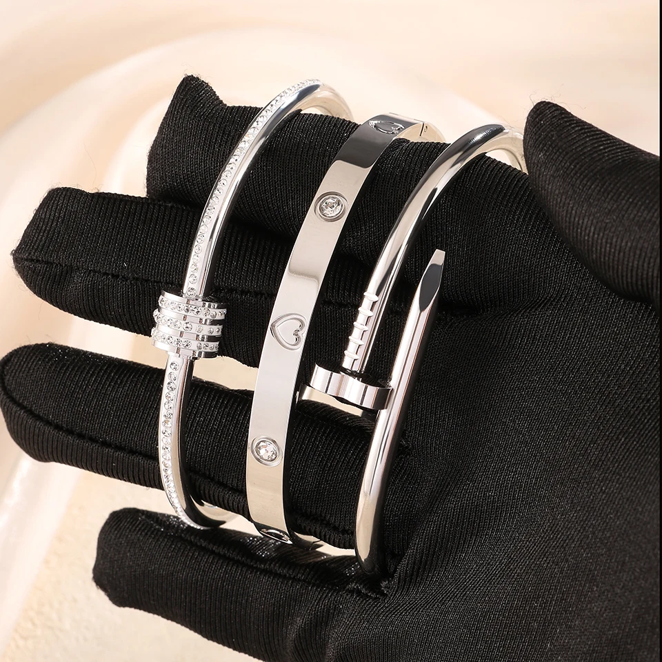 ZAKOL 3 قطع كلاسيكية من الفولاذ المقاوم للصدأ مجموعة أساور Buling حجر الراين البطانة على شكل قلب مقاوم للماء مكدسة مجوهرات هدية عيد الميلاد