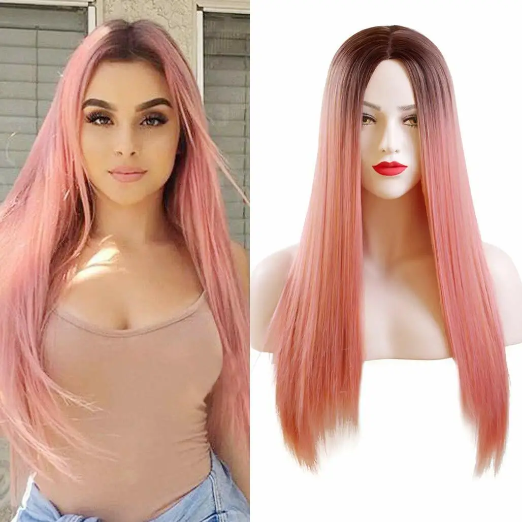 

Long Straight Black Root Pink Ombre Synthetic Heat Safe Party Wig for Women