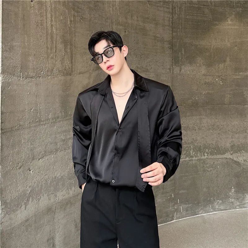 

SYUHGFA Korean Style Men's Shirts Smooth Design Turn-down Collar Single Breasted Tops Long Sleeve Solid Color Male Clothing 2024