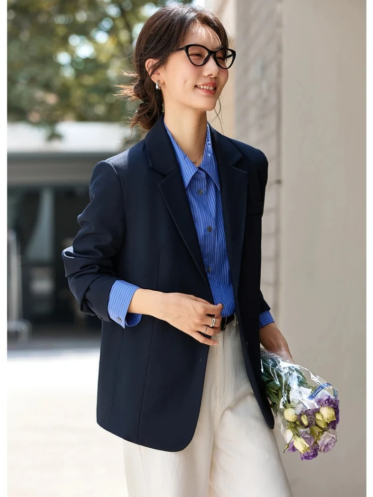VIMLY Women's Navy Blue Jackets Autumn 2025 Oversize Elegant Office Wear Blazer Notched Ladies New in Coats and Jackets A2360