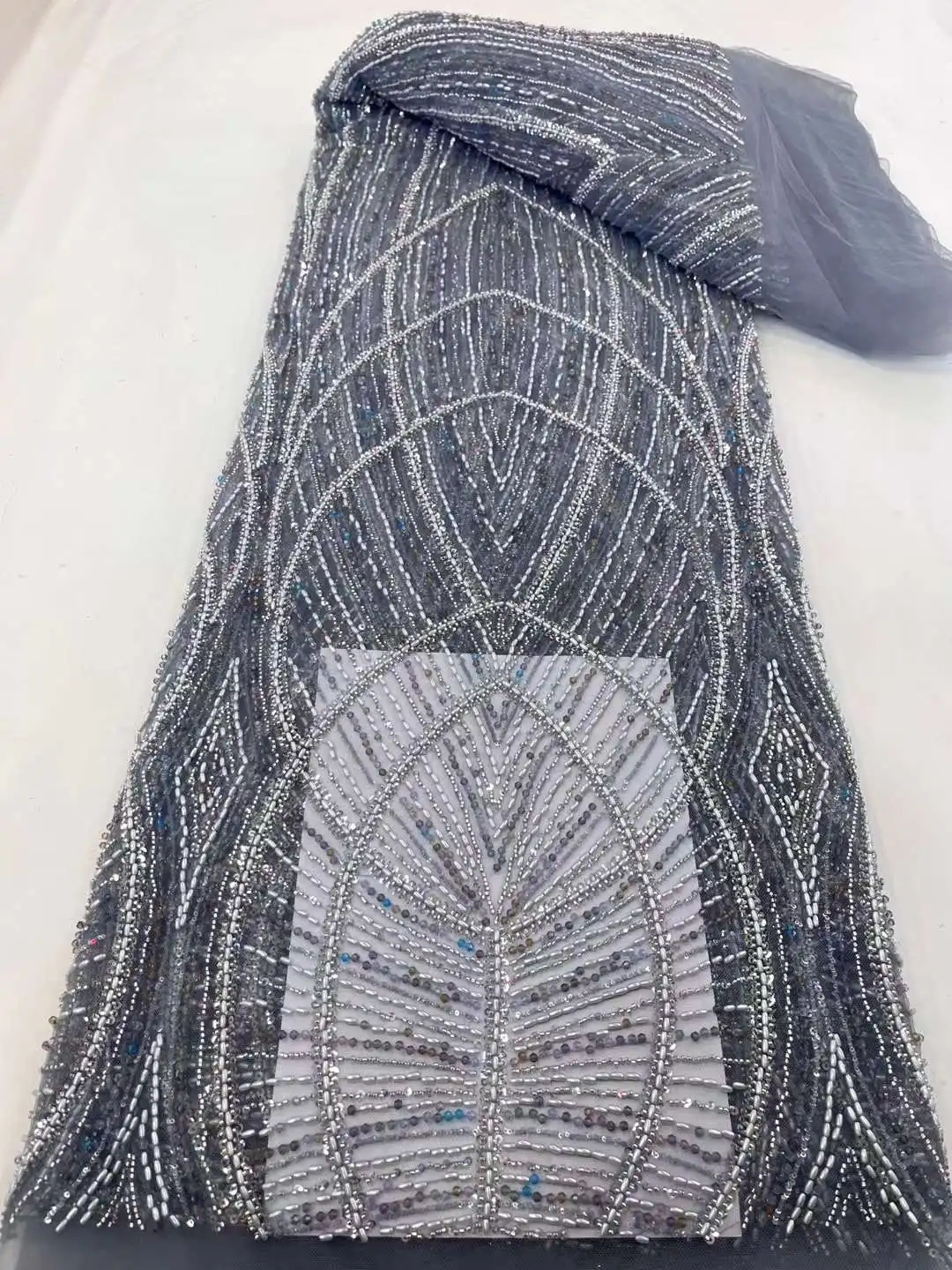 Hot Sale French Mesh Lace Fabric Beads Tube Sequins Craft Tulle Embroidery Nigerian Sewing Party Bridal Wedding Dress 5 Yards