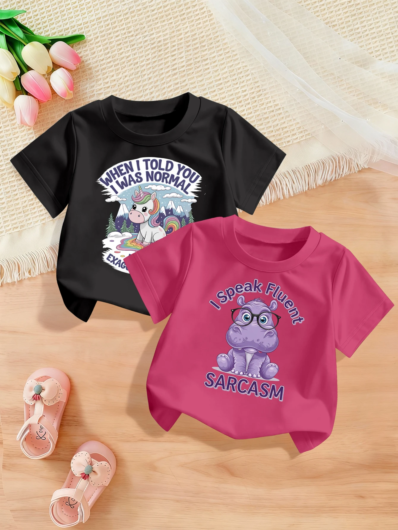 

2 Pieces, Cartoon Unicorn, Hippopotamus Pattern Print, Cute Casual T-Shirt for Girls