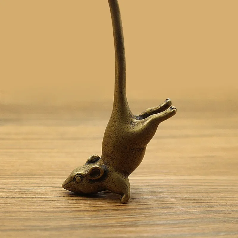 

Long Tail Mouse Miniature Figurine Chinese Style Tea Pet Vintage Pure Copper Rat Ornament Desk Craft Home Decoration Accessories