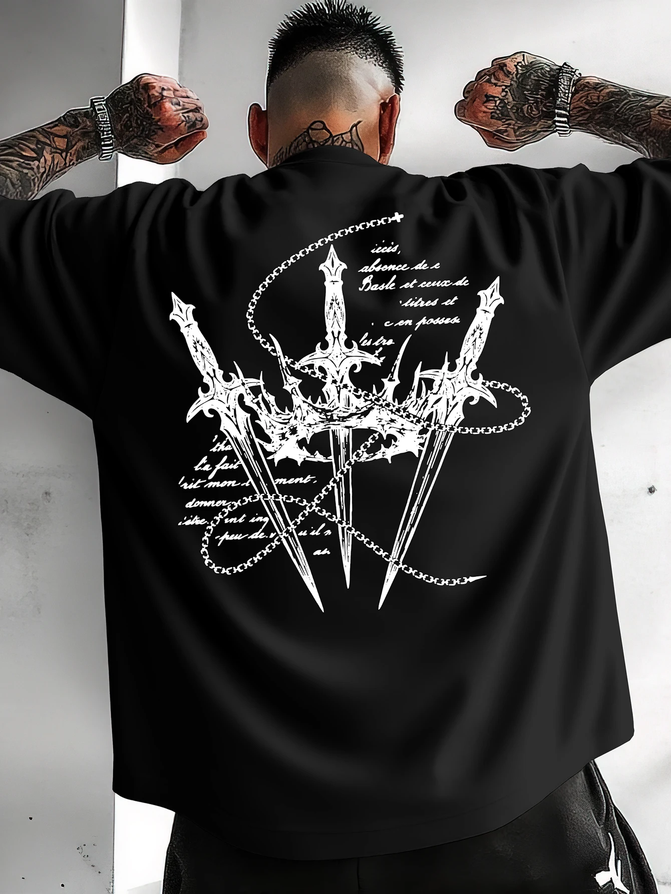 Men's Oversized Streetwear Gothic Sword Chain Cursive Script Back Print Poly Short Sleeve Crewneck T Shirt S-2XL All Size 1Pc