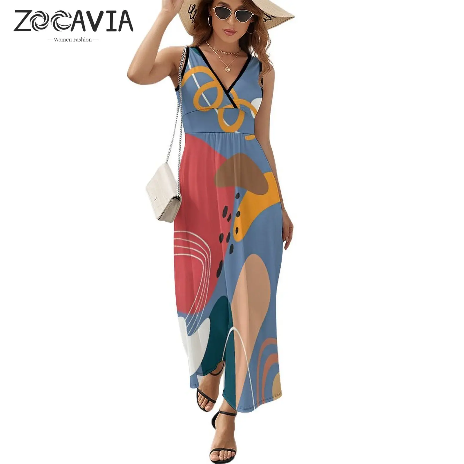 

Cartoon Pattern Deep V-Neck Sleeveless Dress Long Style