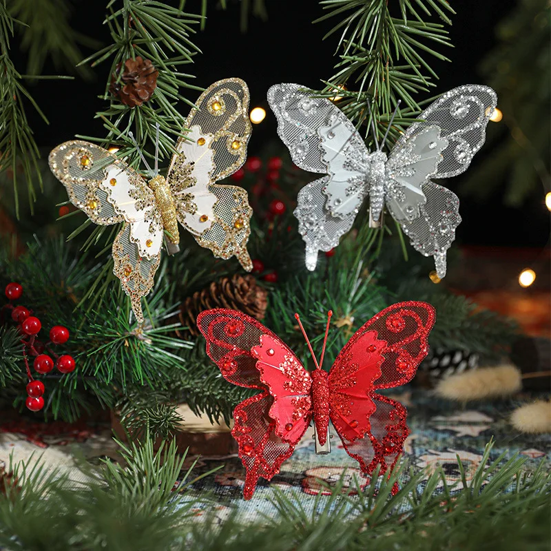 

3PC/set Glitter Butterfly Christmas Tree Decor Simulation Double Sequins Feather Butterfly for 2025 Merry Xmas Hanging Pendant
