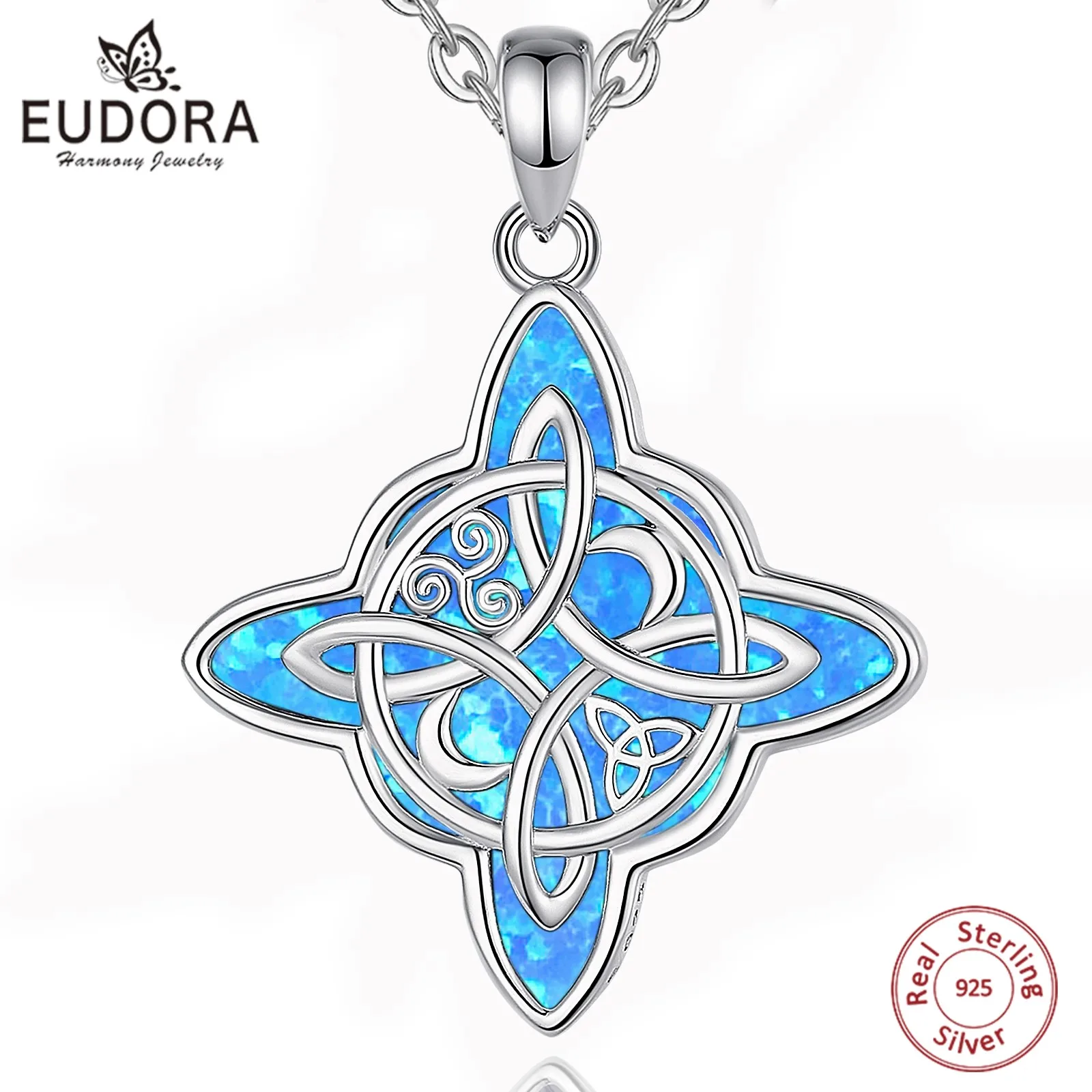 Eudora 925 Sterling Silver Witch Celtic Knot Geometry Necklace for Men Women Opal Witchcraft Amulet Necklaces Wicca Jewelry Gift