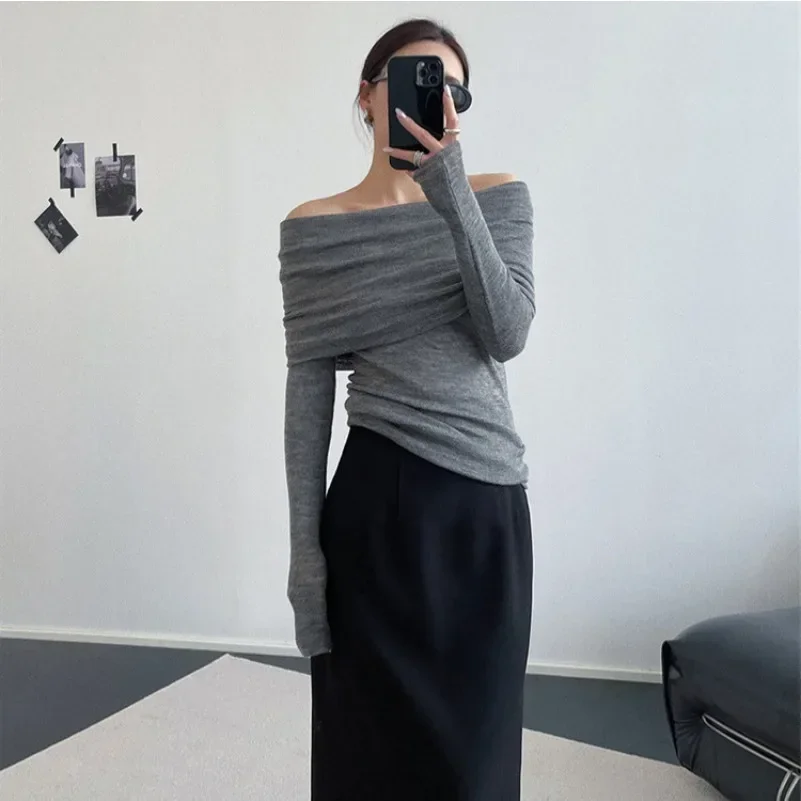 Autumn Winter Long Sleeve Streetwear Sexy Pleated Female Slim Slash Neck Pullovers Women Knitted Gentle Elegant Off Shoulder