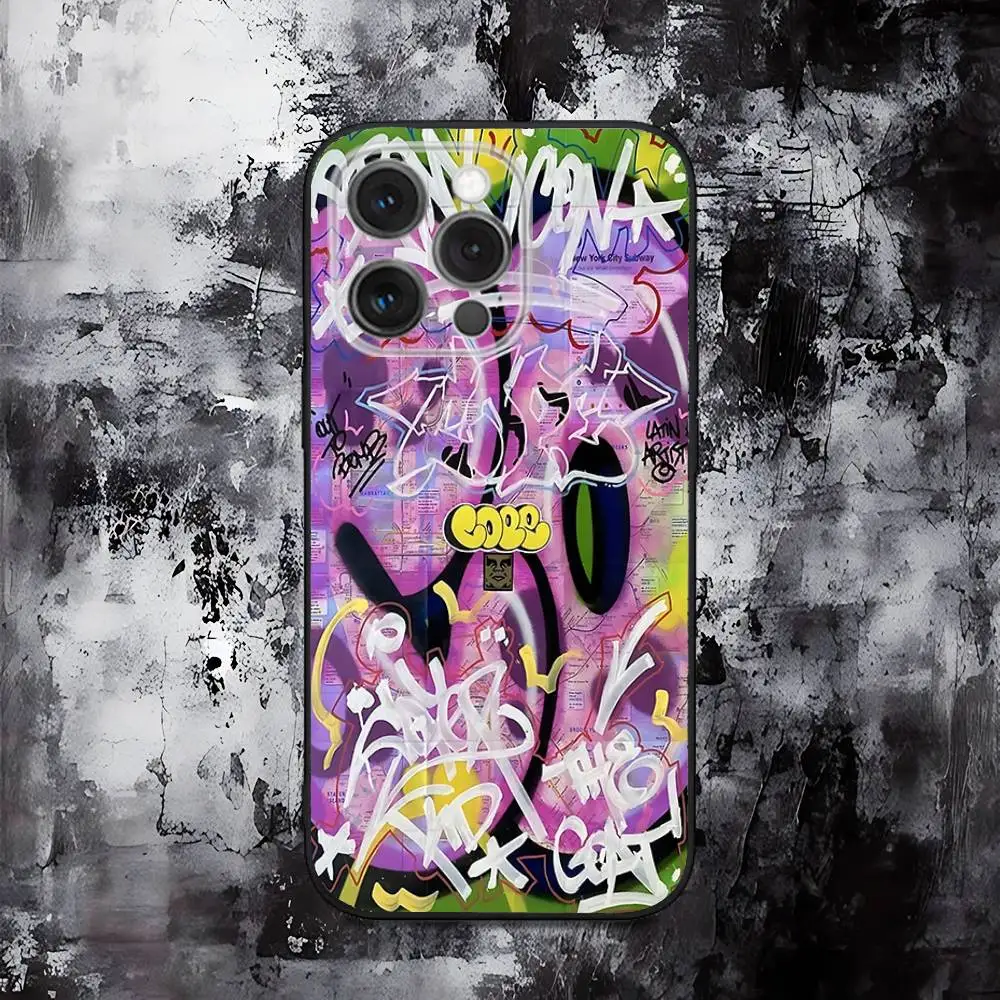 Cool Kleurrijke Graffiti Telefoonhoesje Voor iPhone 16,15,14,13,12,11,Pro,Max,Plus,X,XS,SE,E,Mini,Zachte Siliconen Zwart Case