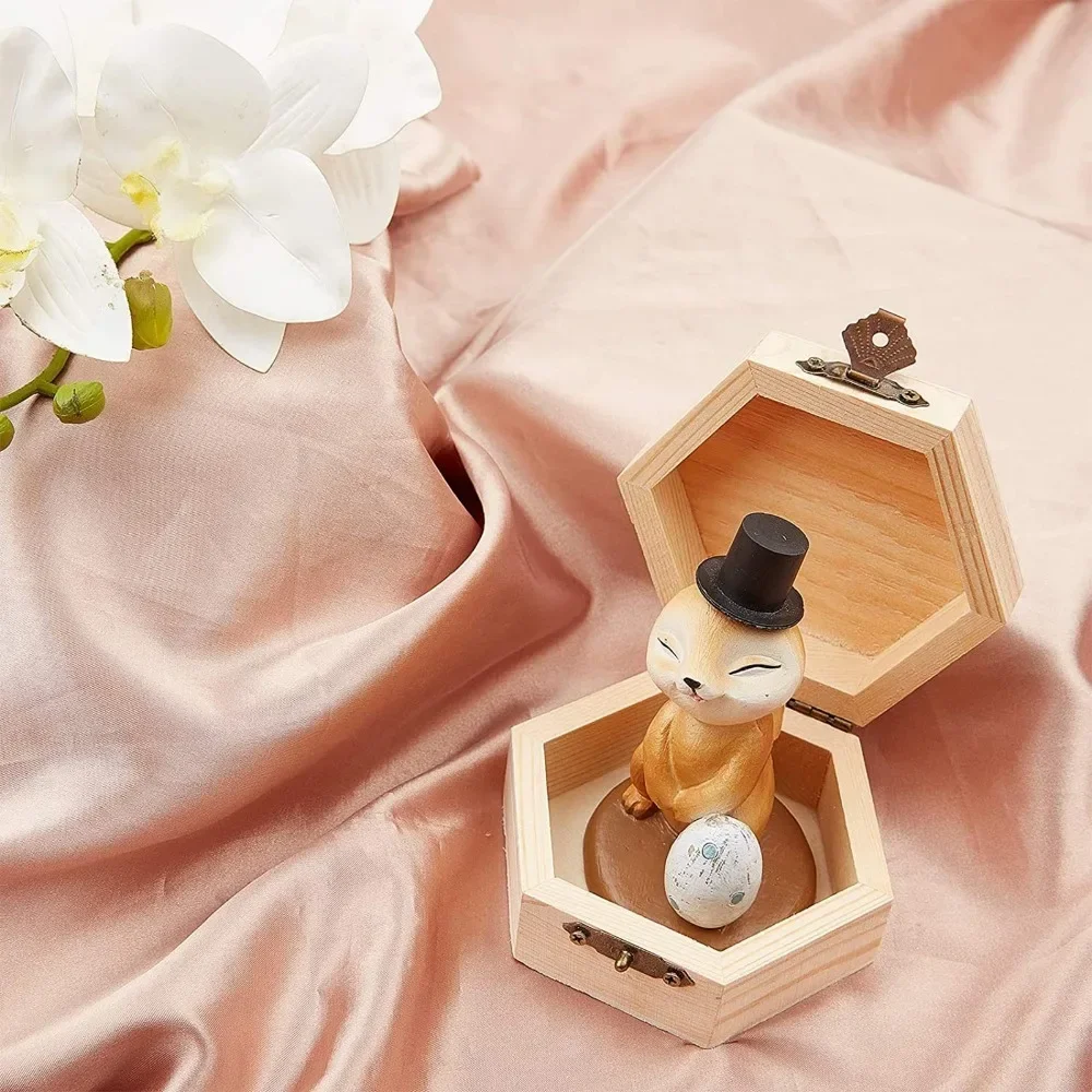 6PCS Plain Unfinished Box Hexagon Unpainted Wooden Jewelry Box with Hinged Lid and Front Clasp DIY Storage Chest Treasure Case