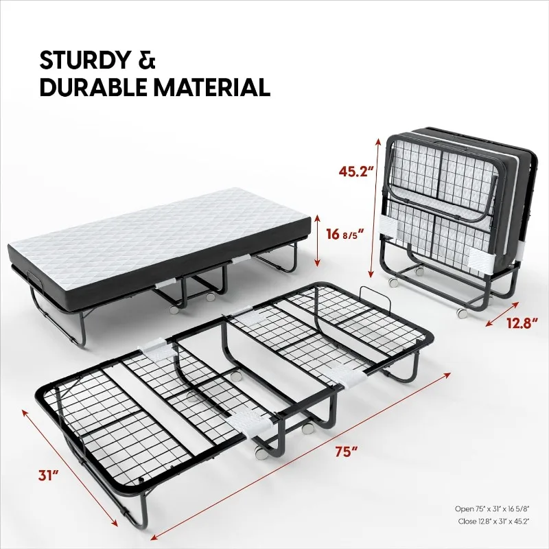 Folding Bed with Mattress -75x31 Cot Size Bed Frame - Portable Foldable Roll Away Adult Bed for Guest - Space Saving Fold Up