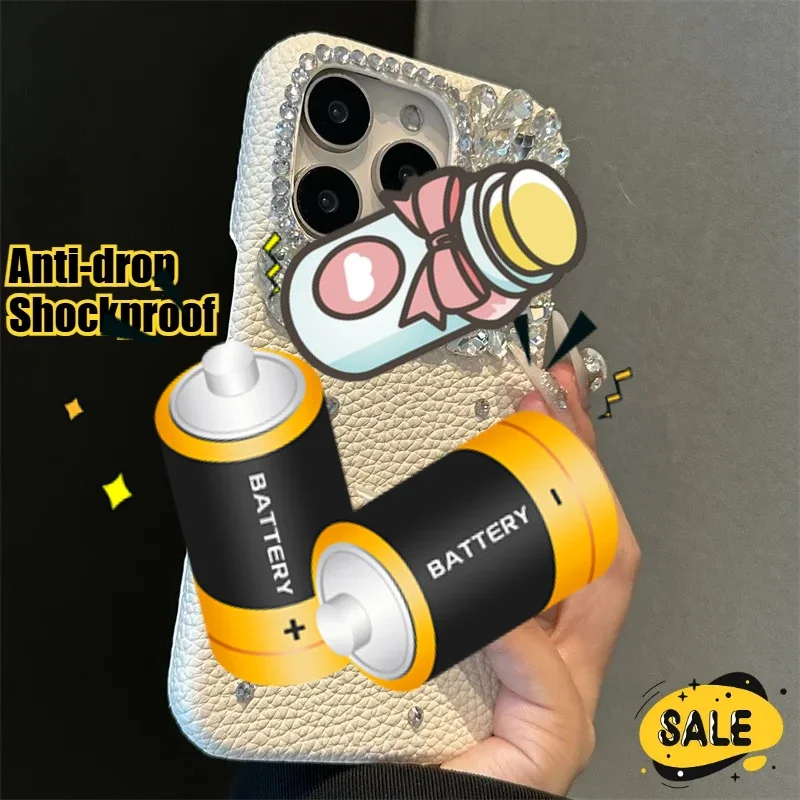 

Shockproof Fashionable Luxury Lychee Leather Grain Phone Case for Iphone15 14 13 12Pro Max with Diamond Handmade Protector Cover