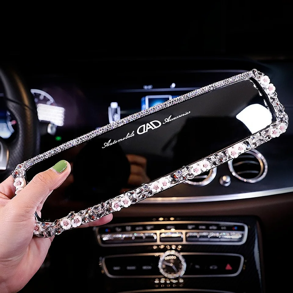 Crystal Car Interior Rearview Mirror Decorative Flower Pattern Bling Rhinestone Decorative Cover Car Accessories for Girls Woman