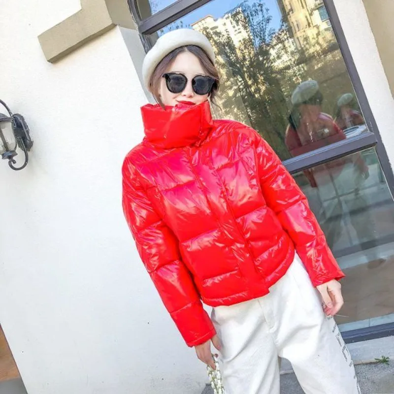 

Shiny Short Down Cotton-padded Jacket for Women New Solid Color Fashionable Keep Warm Bread Jacket Student Cotton-padded Coat