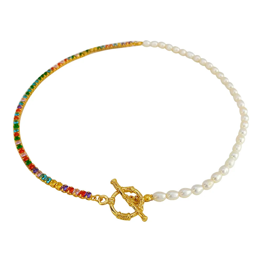 Classic Retro OT Buckle Natural Freshwater Pearl Necklace for Women, High-end Color Zircon Splicing Clavicle Chain Neck Necklace