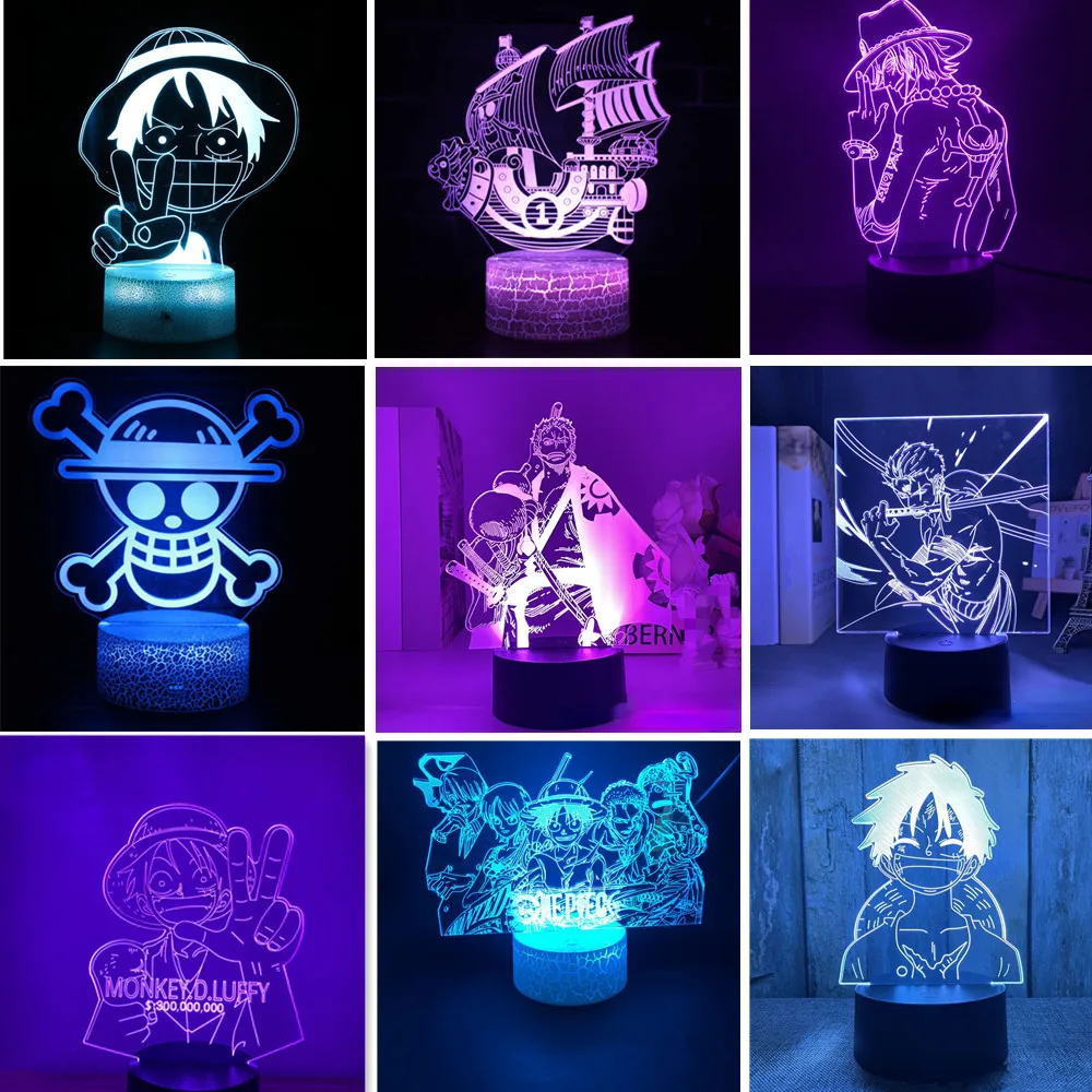 One Piece Zoro Luffy Nami Anime Night Lights Action Figure 3D LED Color Changing Toys Doll Usopp Sanji Chopper Hancock Xmas Gift