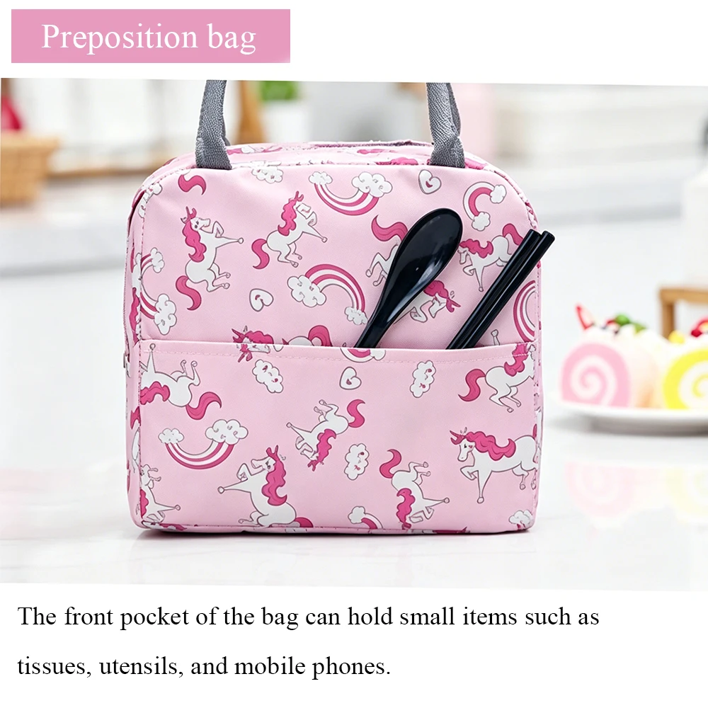 2pcs Kids Insulated Lunch Bag Large Capacity Thermal Tote with Front Pocket Cute Cartoon Prints for School Travel Picnic