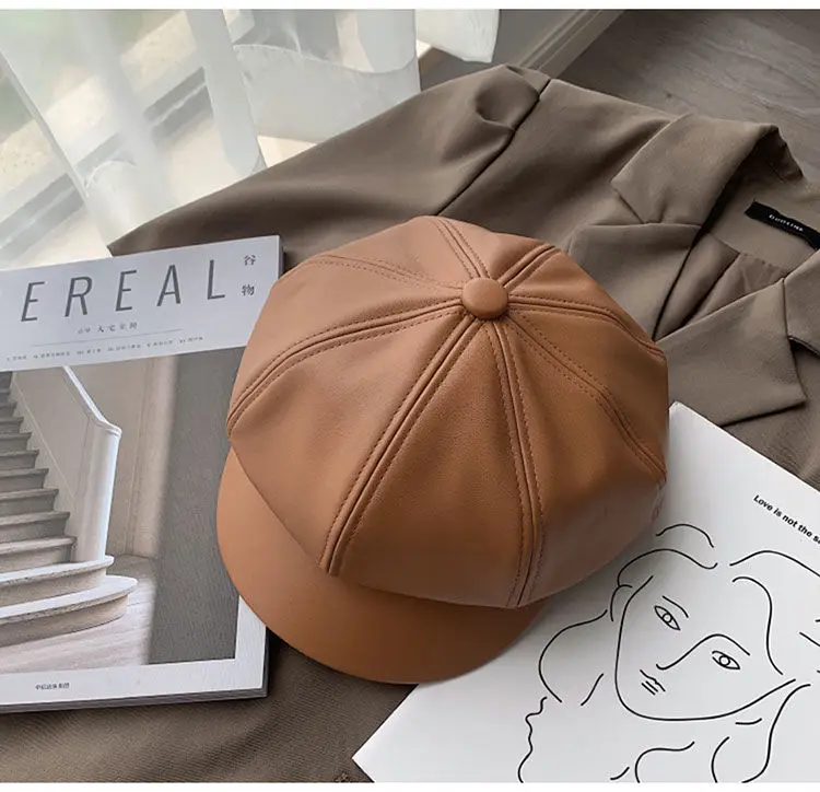 Fashion Leather Newsboy Cap Quality Artist PU Leather Female Korean Octagonal Cap Spring Winter Casual Beret Women Flat Hat