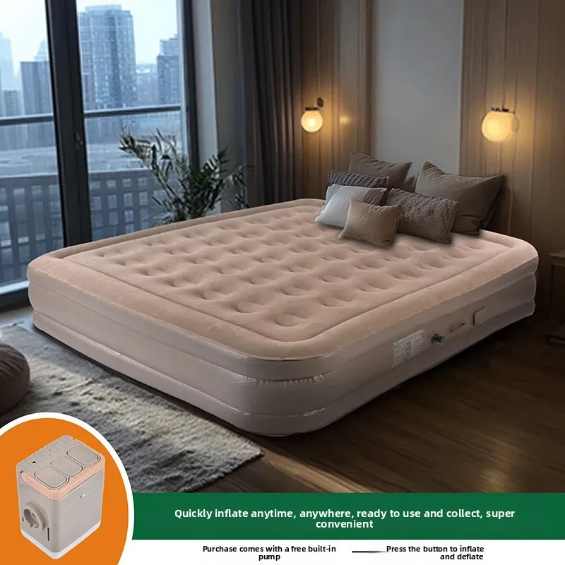 Colchón inflable portátil para acampar, tamaño doble/queen, con bomba incorporada, impermeable, duradero, superficie flocada gruesa, para uso en interiores y exteriores.