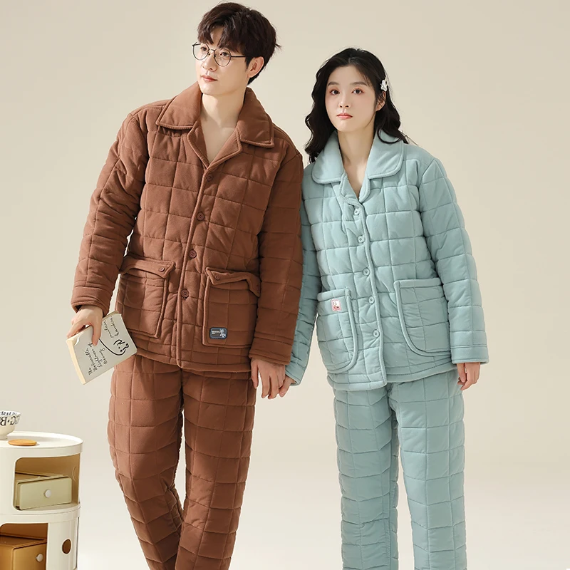 Couple Pajamas Set Men Women Solid Pyjamas Male Female 3 Layer Clip Cotton Home Suit