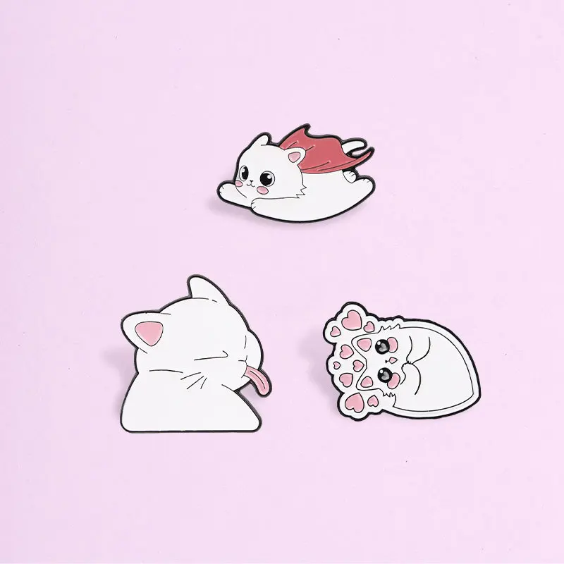 Cartoon Cute White Cat Brooch Love Heart Paw Print Cape Superman Tongue Out Funny Cat Creative Alloy Badge Pins DIY Bag Clothes
