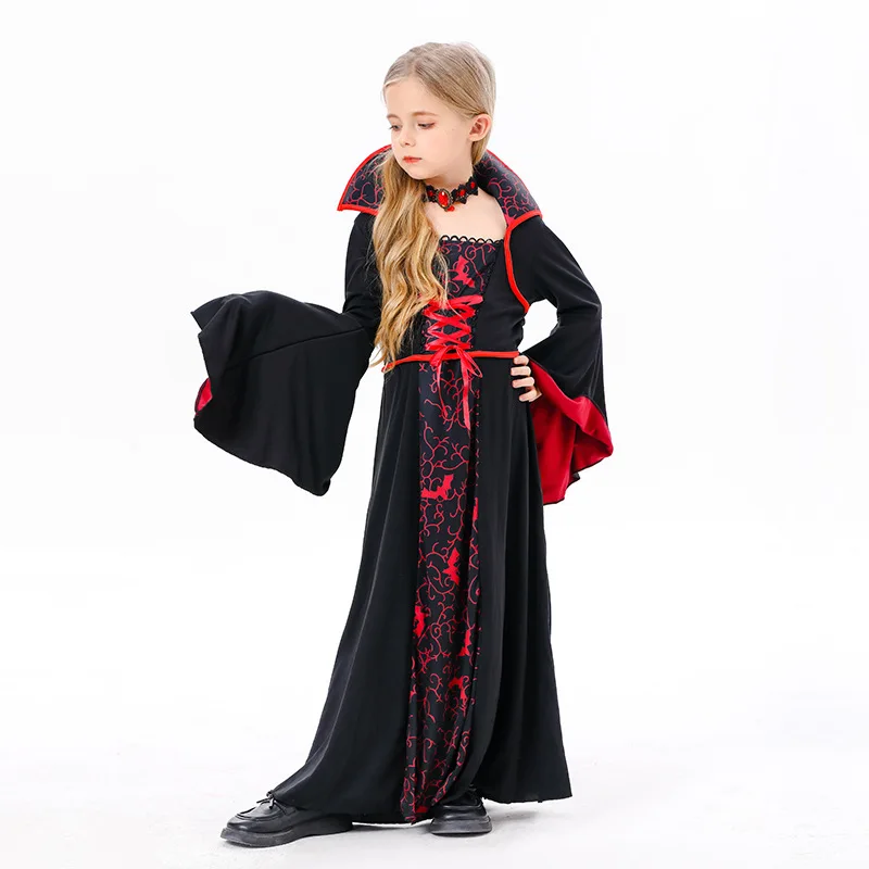 Kinder Halloween Cosplay Zwart Rood Verband Heks Kostuum Meisjes Vampier Jurk Met Ketting Kid Carnaval Party Vampier Outfit