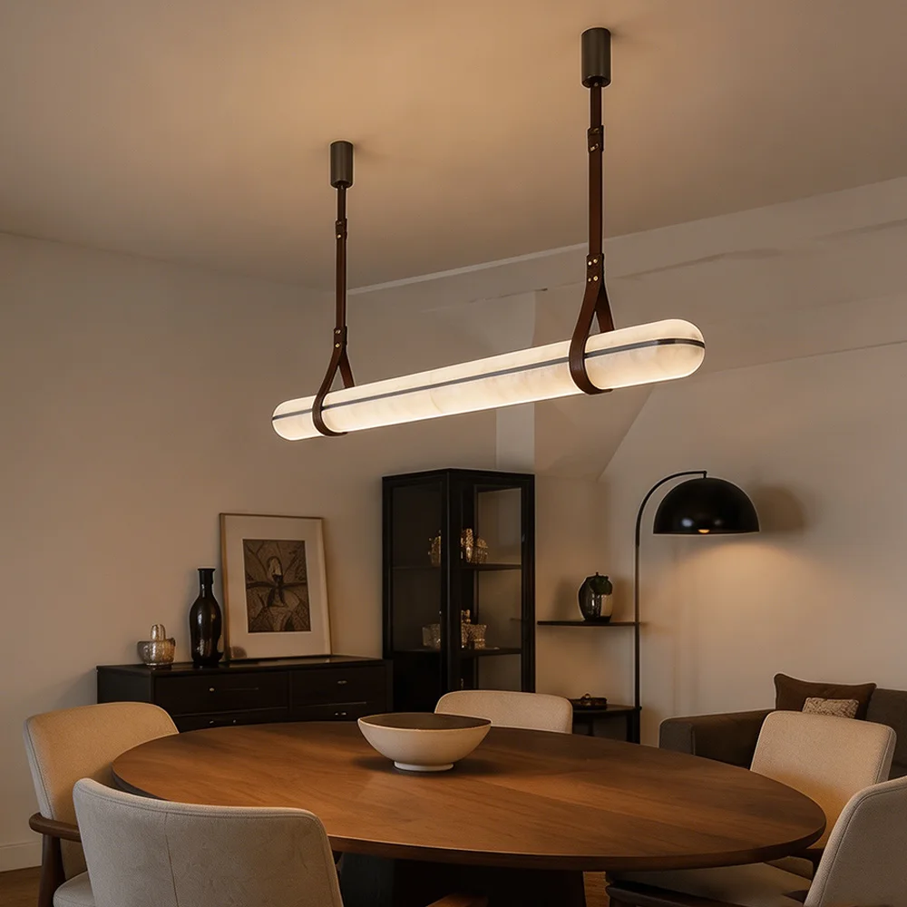 Long Linear Alabaster Chandelier Spanish Natural Marble LED Pendant Light Leather Straps Hanging for Dining Table Kitchen Island
