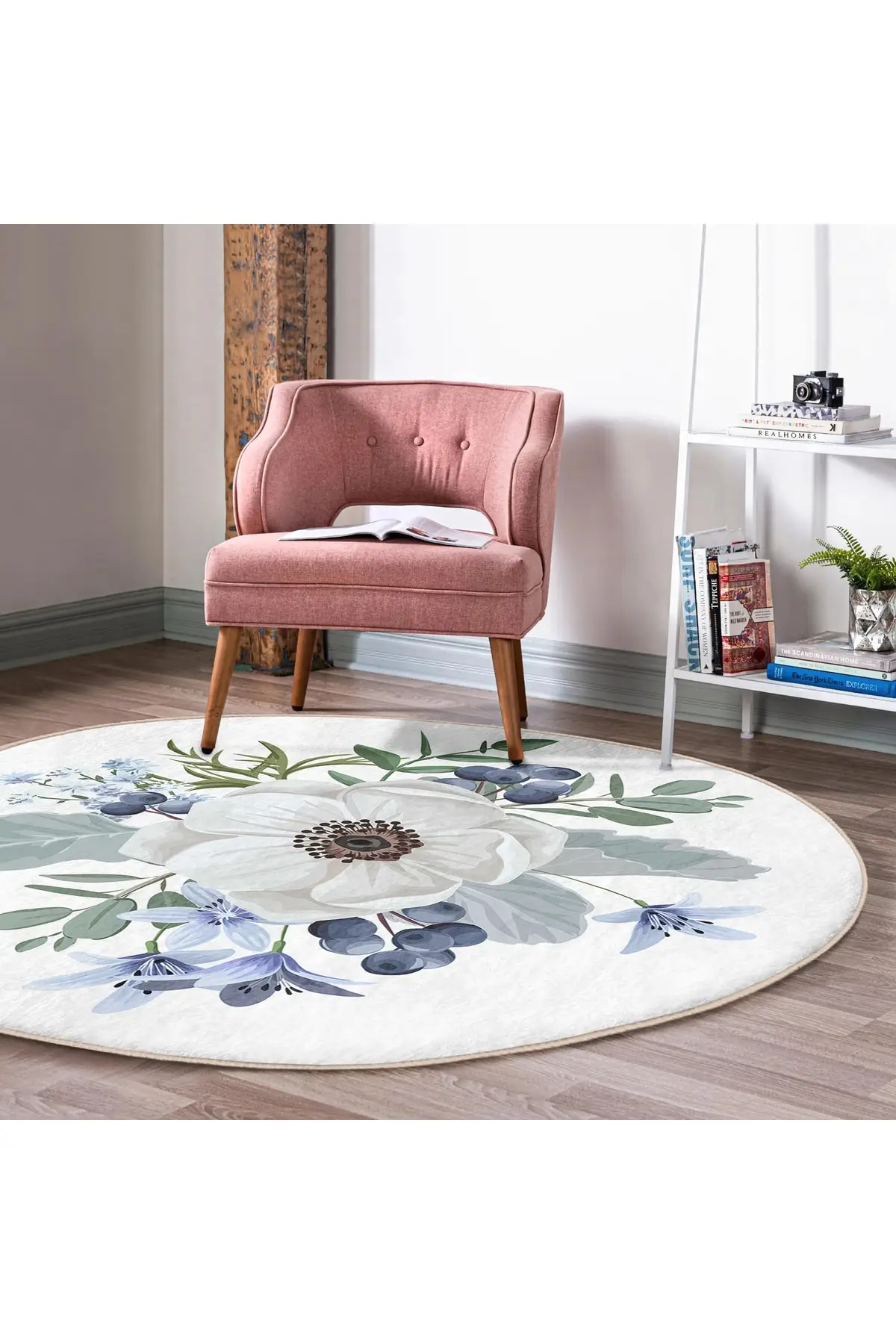 

Dovi white rose design digital printed navy blue kitchen washable non-slip-based round carpet