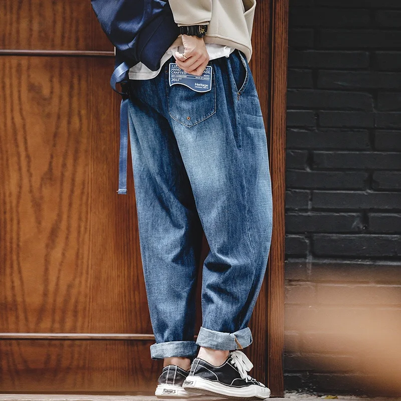

Maden повседневные джинсовые джинсы с талией, прямые свободные широкие мужские брюки, осенние длинные брюки со средней талией, без растягивания, повседневная одежда