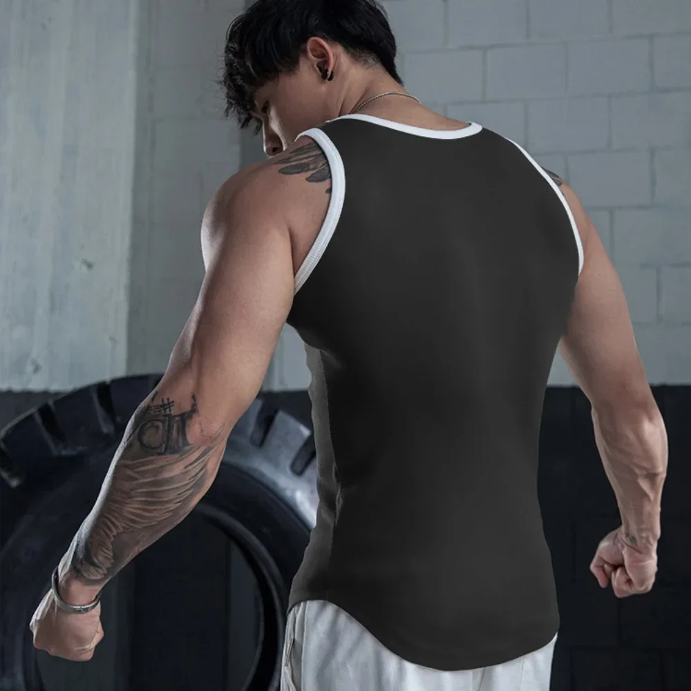 Men\'s Sports Sleeveless Fitness Racer Vest Milk Silk Patchwork Training Shirt Quick-Drying Breathable Muscle Weight Top M-3XL