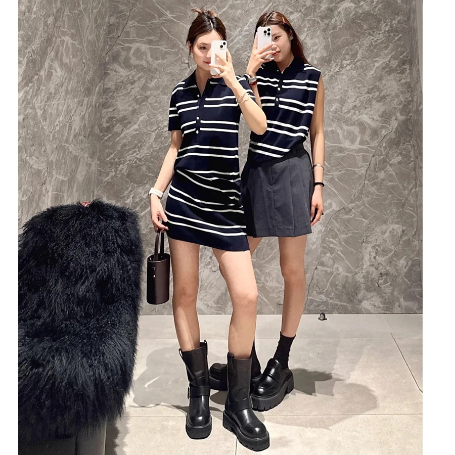 

Faionable Collar Acetate Vest Striped Dr ort Sve l Waist H-ape Commute Sle Spring Summer Dr
