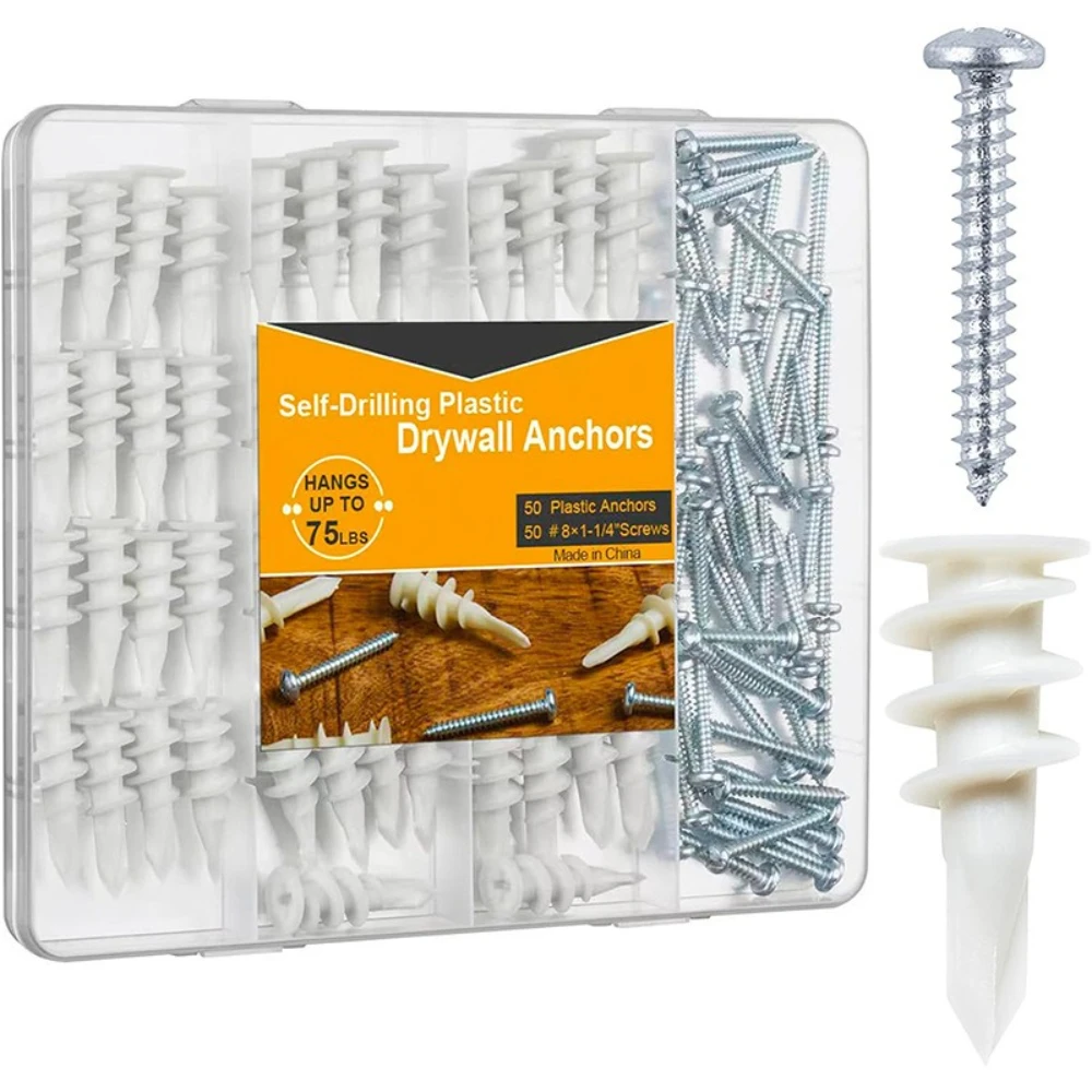 60/100/140Pcs Gypsum Board Screws Drywall Anchor Screws Spiral Anchors Plasterboard Iron Expansion Threads Plastic Anchor Screw