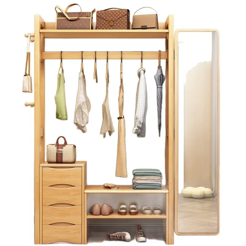 Solid wood floor coat rack with full-length mirror integrated bedroom multi-functional storage rack full-length mirror rotatable