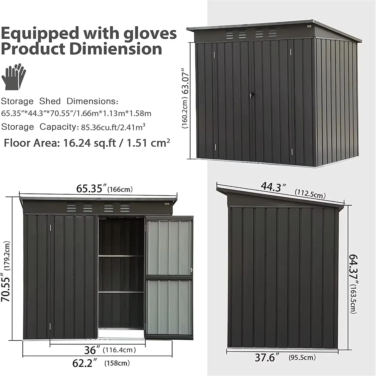 Outdoor Metal Storage Shed Galvanized Steel Sloping Roof 5x3ft, Customized