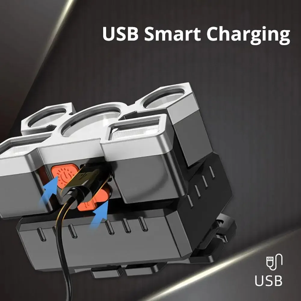 5LED ไฟฉายคาดศีรษะสำหรับตกปลาแบบชาร์จไฟหัวไฟฉายด้านหน้าแบบชาร์จไฟ USB ได้พกพาได้กลางแจ้งแบบพกพา