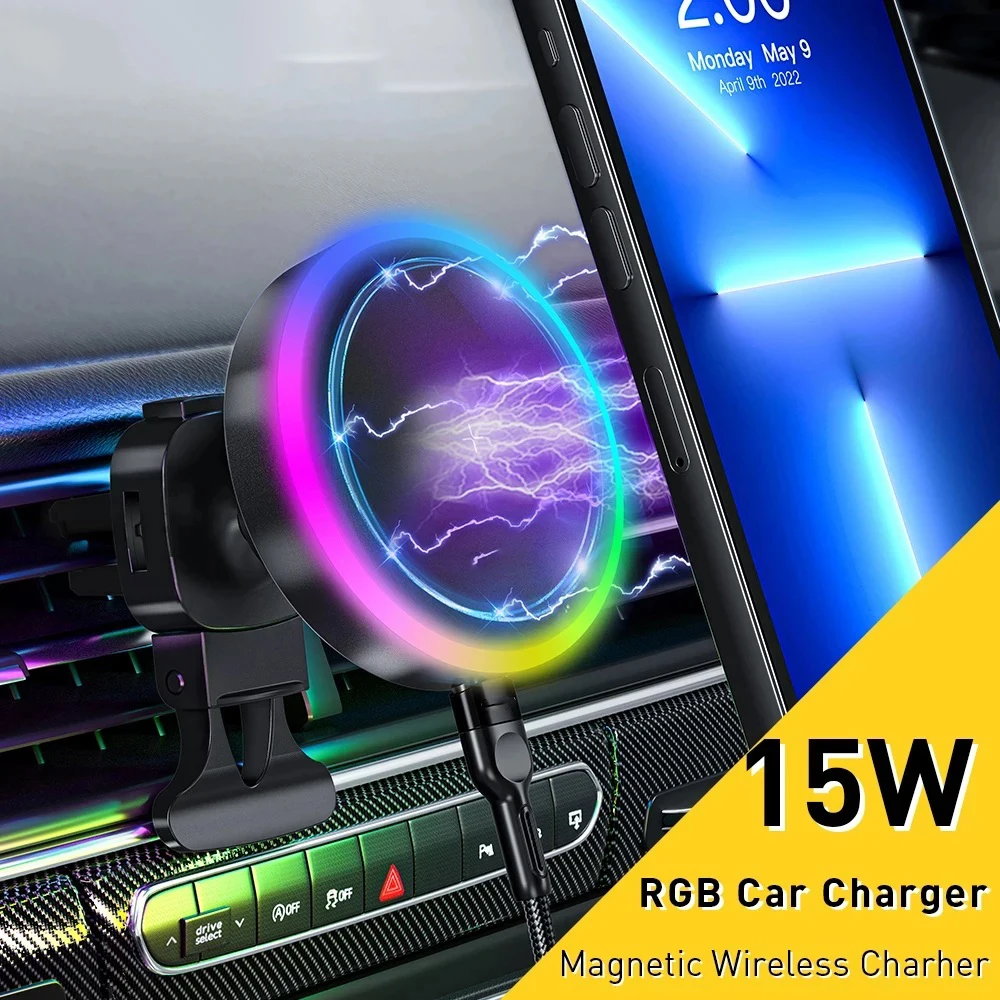 حامل سيارة شحن لاسلكي مغناطيسي RGB ، حامل هاتف للملاحة سريع قابل للنفخ للسيارة ، حامل عالمي ، 15 واط #1