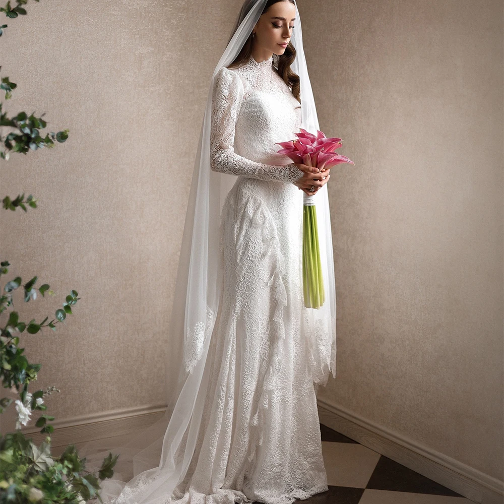 

Modest Lace Wedding Dresses High Neck Long Sleeve Mermaid Bride Dress White Islamic Civil Bridal Gown Customized robes de soirée