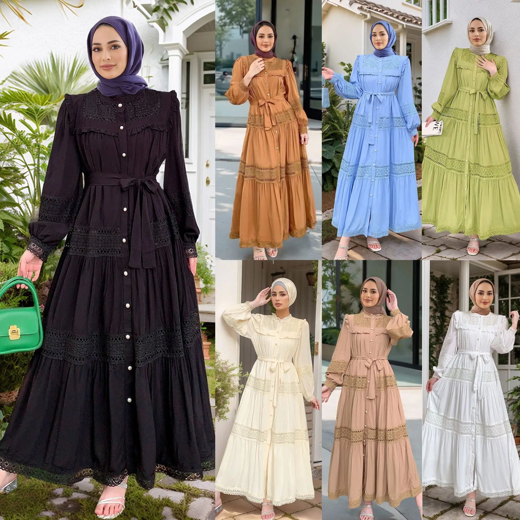 

Muslim New Fashion 2025 Women's Solid Color Casual Trendy Single-breasted Long Sleeve Stand Collar Ankle Length Loose Dresses