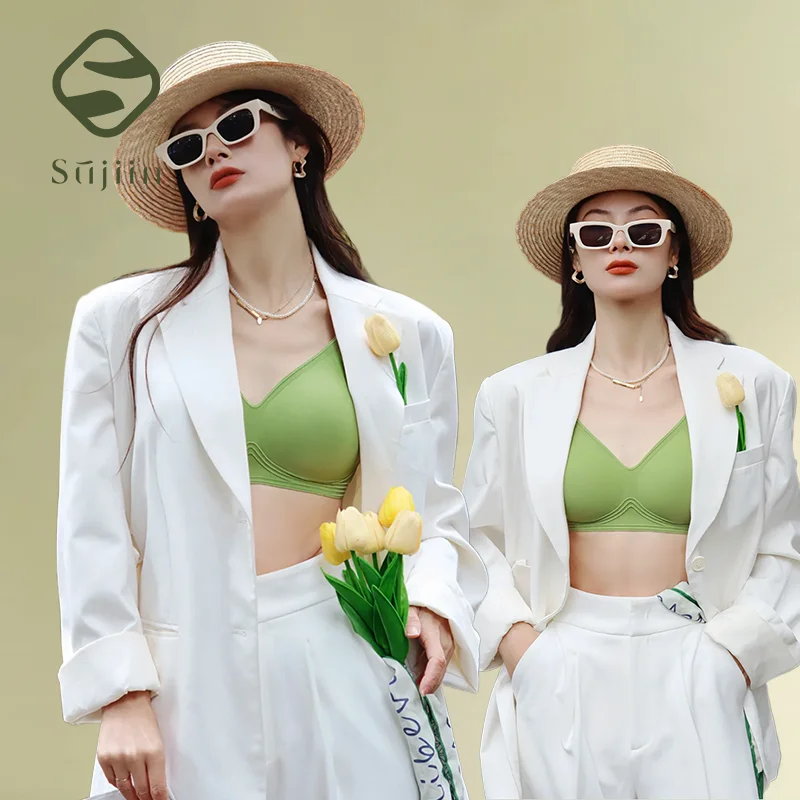 

SUJIIN Push Up Wireless Bras for Women Padded Invisible Smoothing Bra Female V Neck Breathable Comfort Bralettes Woman MX179
