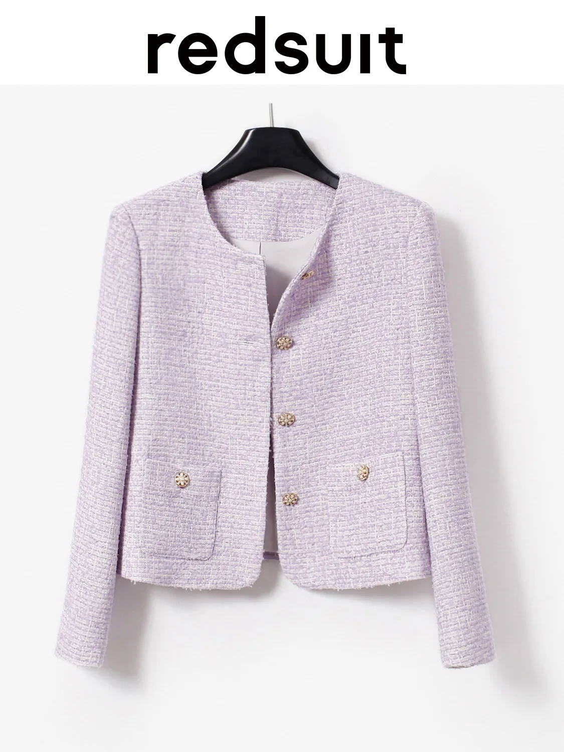 New Light purple coarse tweed round neck short jacket, high-end and good-looking top   Custom Size