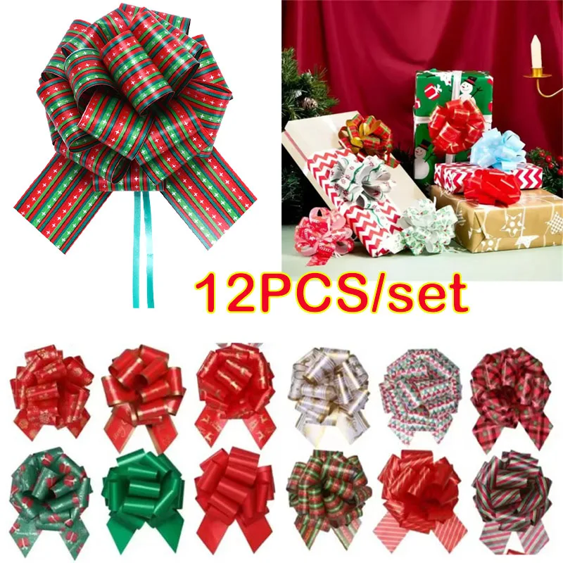 New 12PCS Christmas Pull String Bows Big 3.54 Inch Gift Bows Ribbon for Xmas Present Wrapping Florist Flower Basket Decoration
