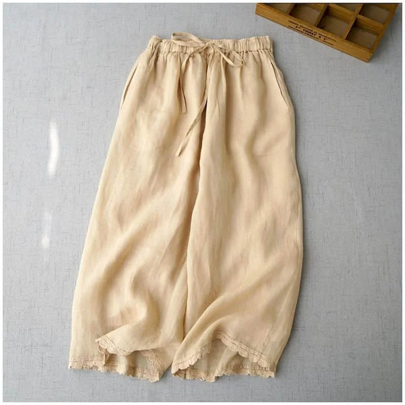 Solid Pants for Women Loose Baggy Pants Vintage Summer Thin Korean Style Elastic Waist Cropped Trousers Flowing Wide Leg Pants