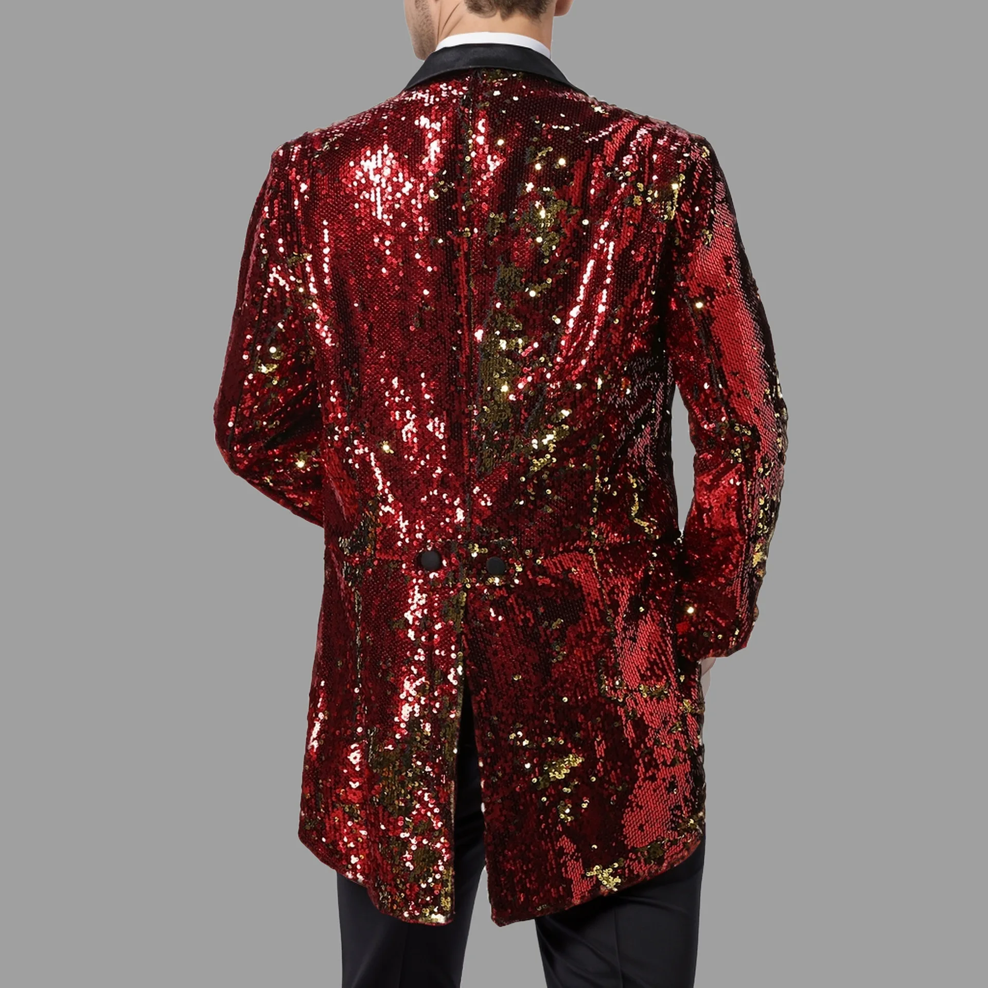 Red Men's Metallic Shiny Sequins Tuxedo Stage Performance Dress Coat Sequin Fashion Long Cardigan Suit Jacket