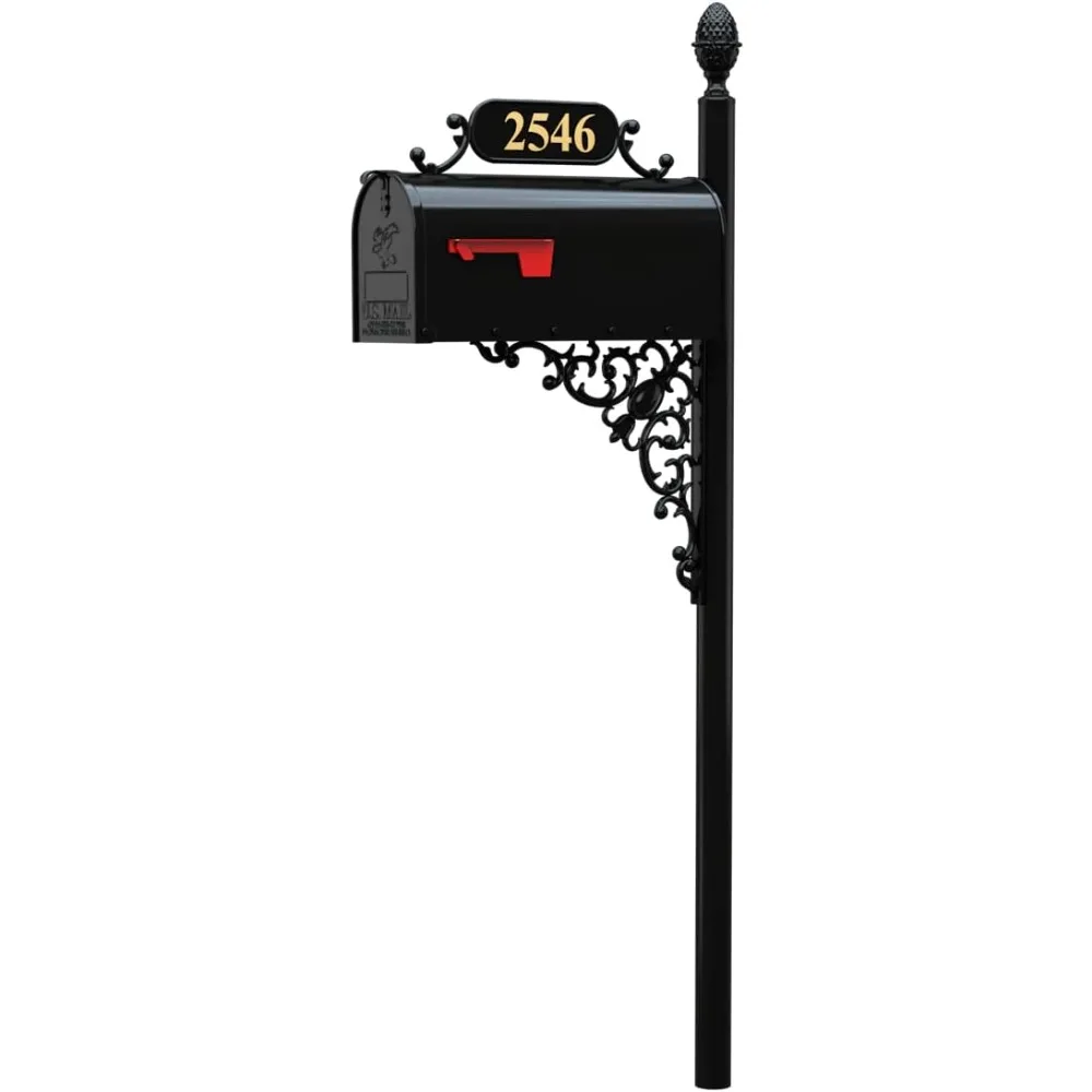 Oak Mailbox & Post Kit – Black Mailbox System – Includes Address Plaque, Bracket & Mounting Hardware – Rust Resistant Metal